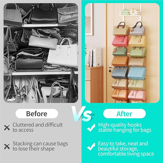 HapiRm Over The Door Purse Organizer - Wall Mounted Purse Rack with 16 Hooks and Metal Basket, Hanging Handbag Organizer Holds up to 16 Bags, Bag Rack Can Use As 1/2 Part, for Door, Closet (White)