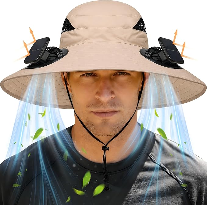 Wide Brim Sun Hat with 2 Solar Fans, UPF 50+, USB Charging for Fishing, Hiking, Beach | Solar Power Hat