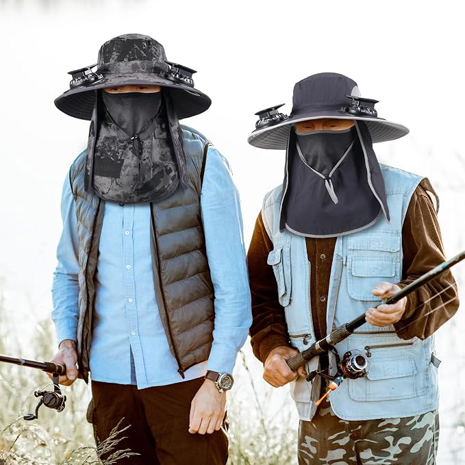 Glitopper 2 Pcs Solar Fan Hat with 2 Fan Wide Brim Removable Face Cover Cooling Fishing Buckets Hats