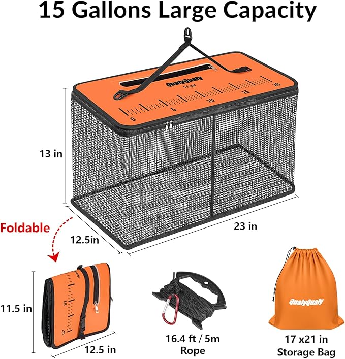 QualyQualy Floating Fish Basket for Live Caught, 10/15 Gallons Foldable Fishing Holder Minnow Bucket Portable Collapsible Fishing Net Storage Cage for Live Fish Bait Live Well