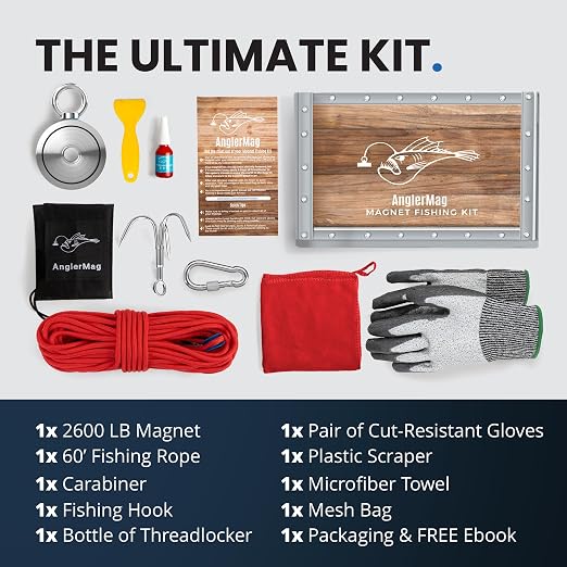 AnglerMag Magnet Fishing Kit - 2600 lbs Double Sided Neodymium Magnetic Fishing Stuff with Rope - 10 PCS Extra Strong Complete Gift Set with eBook, Carabiner, Gloves, Grappling Hook & Carrying Bag