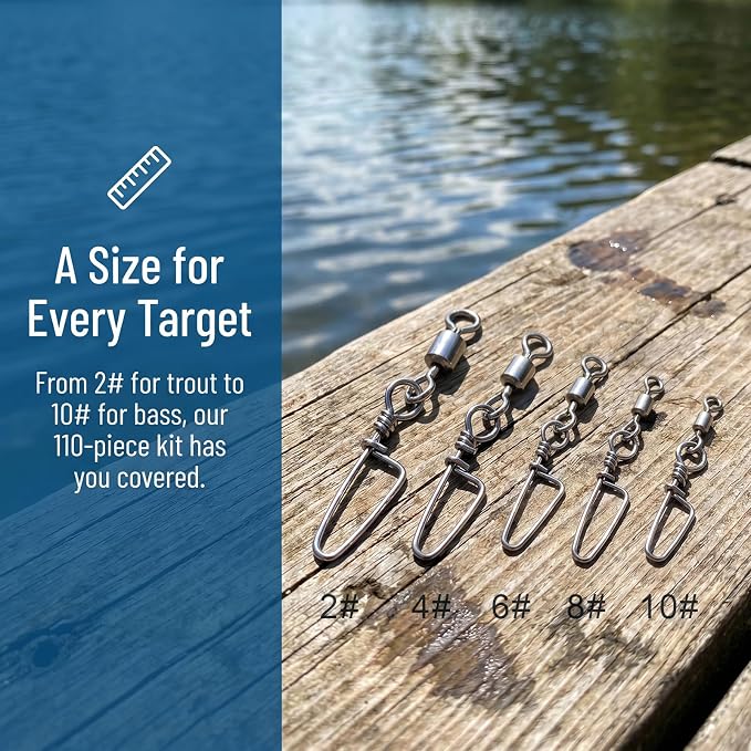 110PCS Stainless Steel Barrel Snap Swivel Fishing Accessories, Premium Fishing Gear Equipment with Ball Bearing Swivels Snaps Connector for Quick Connect Fishing Lures