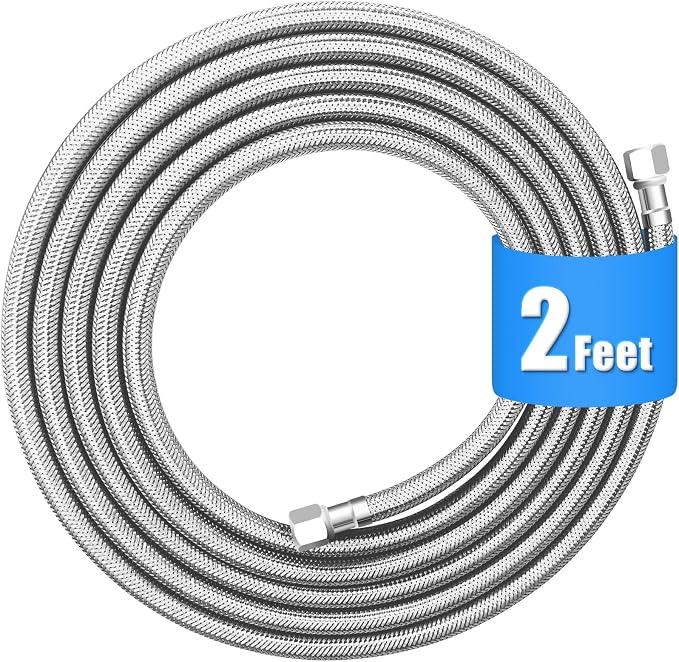 Refrigerator water line - 2 FT Premium Stainless Steel Braided Ice Maker Water Hose,Food grade PEX Inner Tube Fridge Water Line with 1/4" Fittings for Refrigerator Ice Maker