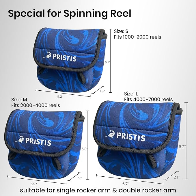 Pristis Spinning Reel Cover, Protective Pouch Bag made of 3mm Thick Impact Resistant Neoprene, Soft Adjustable Fishing Storage Protection Sleeve Case Accessory Gear for 1000-2000 series, size: S