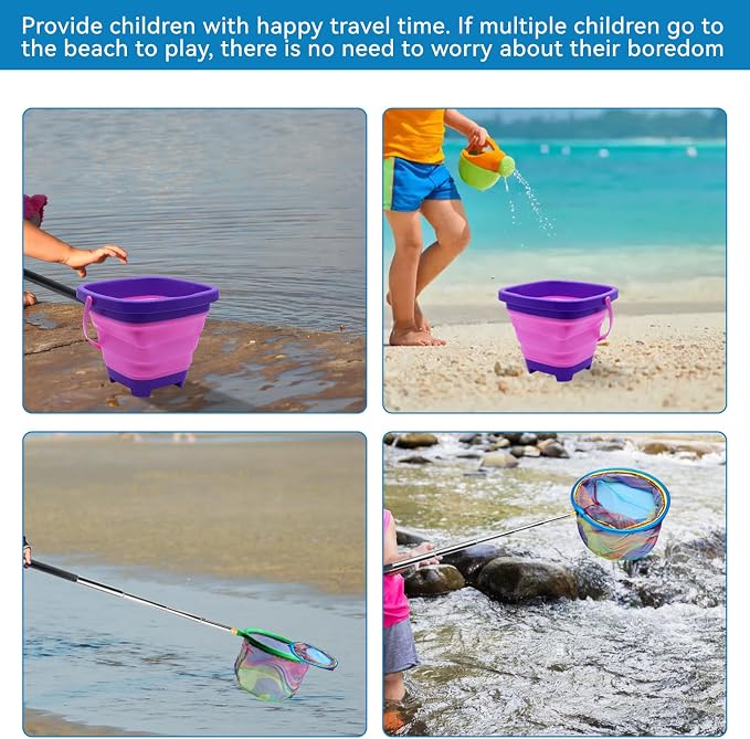2PCS Fishing Net with Bucket, Telescopic Fishing Landing Net, Collapsible Youth Sand Bucket, Youth Fish Butterfly Catching for Freshwater Saltwater Outdoor Activities