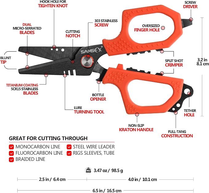 SAMSFX 6.5" Pro Fishing Shears Dual Serrated Blades, Fishing Braided Line Scissors with Titanium Coating, Non-Slip Grip & Multifunction Tool, Includes Hard Molded Locking Sheath & Coiled Lanyard