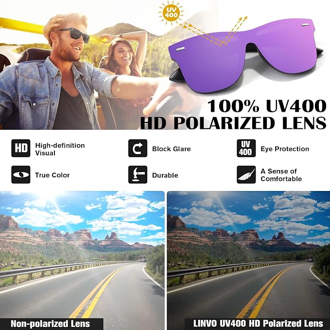 LINVO Trendy Polarized Mirrored Sunglasses Men Womens, Flat One Piece Reflective Shades for Driving Fishing UV400 Protection