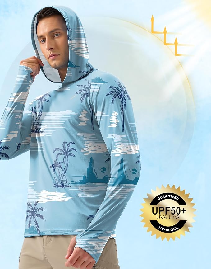 Pudolla Men's Sun Protection Hoodie Shirts UPF 50+ Rash Guard SPF Long Sleeve Fishing Shirt for Men Swim Hiking Boating