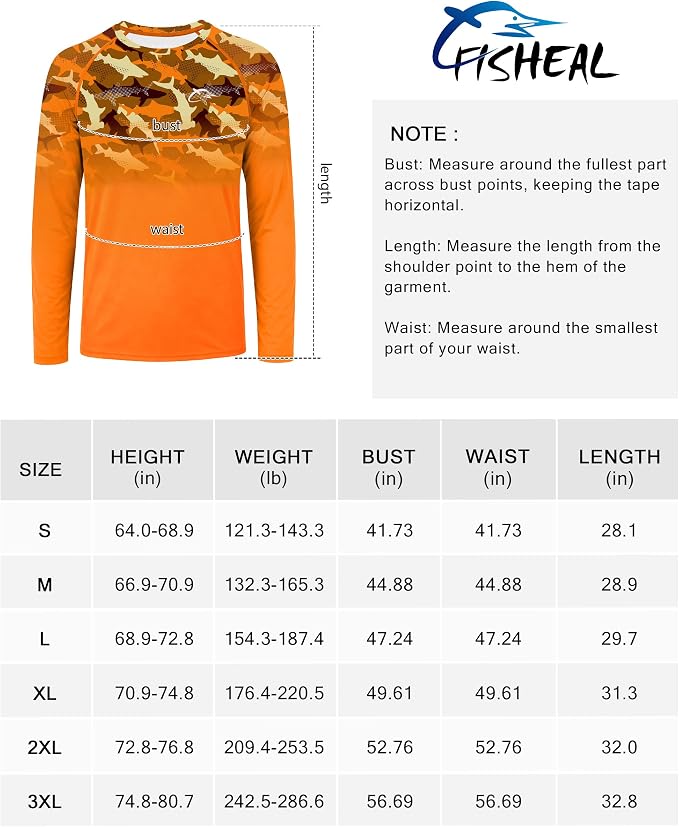 FISHEAL Men's Long Sleeve Fishing Shirts, UPF 50+ Camo Sun Protection Rash Guard, UV Shirt for Swimming Hunting Outdoor