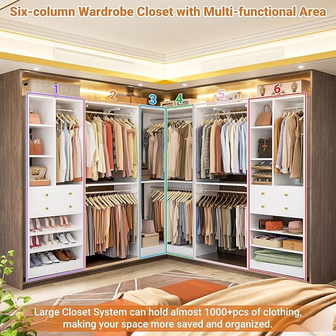 Large Closet System (Set of 3) with 4 Drawers, 8 Hanging Robs, 91.5"/151" Closet Organizer System with Corner Tower, Reversible Walk-in Closet System Corner Closet System, White