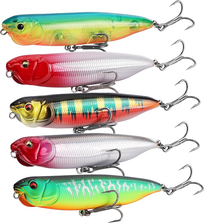 FLISSA 5PCS Top Water Fishing Lures Kits, Bass Fishing Lures for Freshwater & Saltwater, Realistic Hard Bait, Popper Fishing Lure with Treble Hooks for Trout, Bass, Salmon, Walleye Fishing