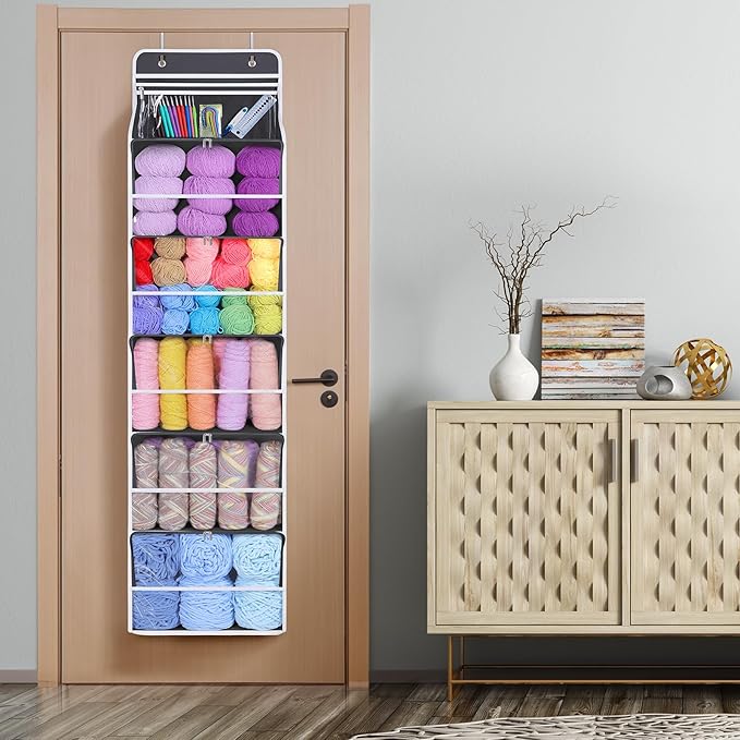 Univivi Hanging Yarn Storage Organizer with 6 Zipper Closure Compartments, Large Capacity Knitting Organizer Storage, Over The Door Hanging Yarn Holder for Knitting Needles, Crochet Hooks (Dark Grey)