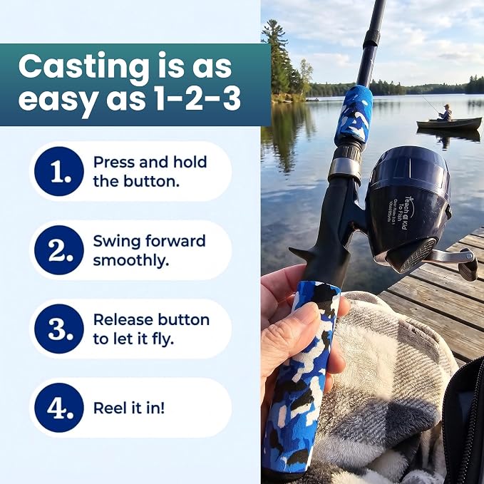 Kids Fishing Pole and Tackle Box Kit - Complete Fishing Kit for Beginners with Rod, Reel, Net & Fish Hook Remover Pliers and Carry Bag, Hands-Free Experience for Boys & Girls