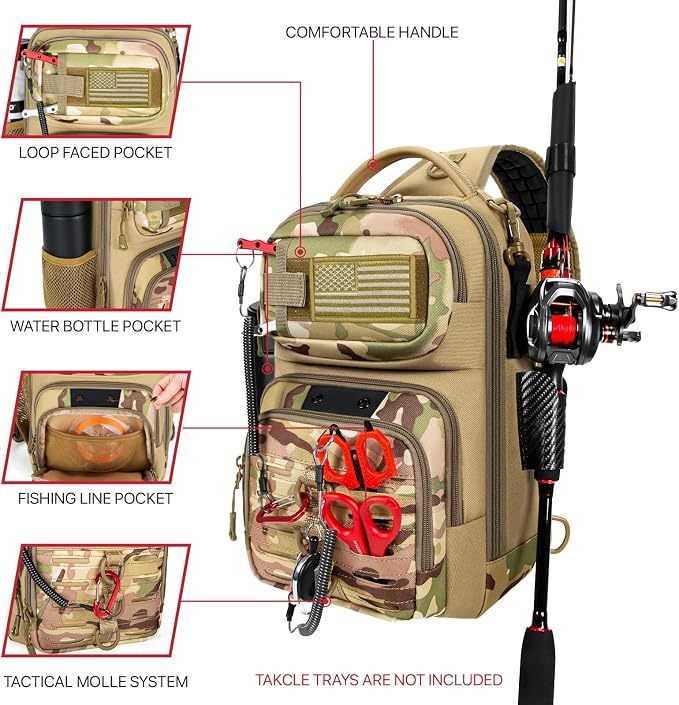 Fishing Sling Bag with Tackle Box, MOLLE System Fishing Backpack with Fishing Lures Kit, Fish Hook Remover Tool, Fish Lip Gripper, Fishing Plier & Accessories, Fishing Gear Gift for Men, Khaki