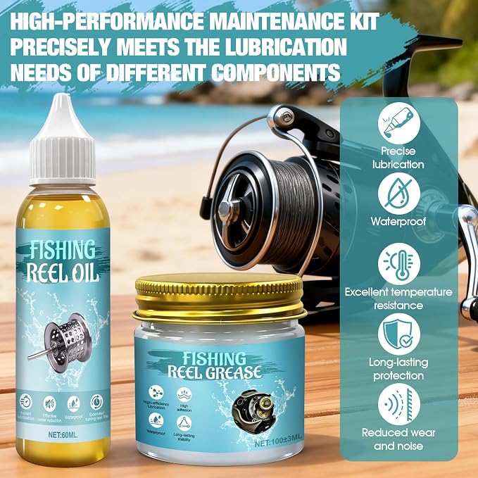 Fishing Reel Oil and Grease Kit, 60ml Fishing Reel Oil and 100ml Fishing Reel Grease High-Efficiency Lubrication Precise Maintenance Waterproof Long-Lasting for Various Fishing Reels