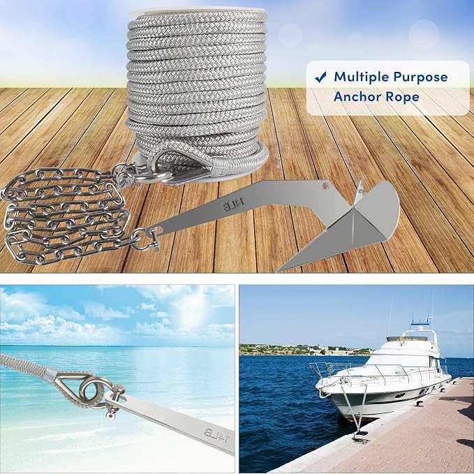 Boat Anchor Rope 150 ft x 1/2 inch Grey, Double Braided Anchor Line with Stainless Steel Thimble & Shackle, Marine Rope Ideal for Towing,Mooring,Decks,Anchoring,for Boats Up to 35'