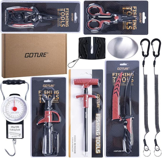Goture Fishing Tool Kit,Fishing Pliers,Fillet Knife with Sheath,Fish Lip Gripper,Fish Hook Remover,Lanyard,Line Scissors,Sharpener,Stainless Steel Soap,Saltwater Gear Kit,Red/Pink,Gifts for Men/Women