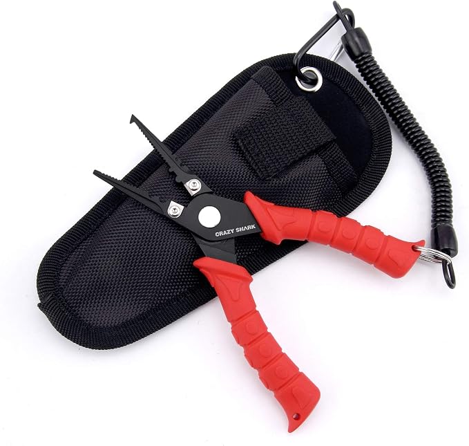 Fishing Pliers, Stainless Steel Fishing Tools, Saltwater Resistant Fishing Gear, Tungsten Carbide Cutters, Split Ring Pliers, Hook Remover with Coiled Lanyard and Sheath