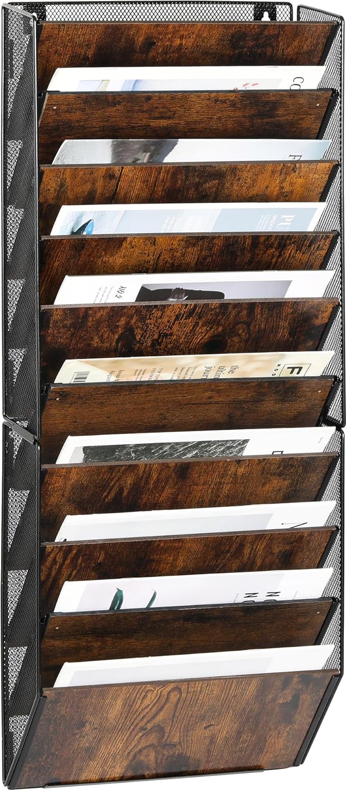 TQVAI 10-Pocket Hanging Wall File Organizer - Metal Folding Wall Mounted Mail Document Holder, Multi-Purpose Clipboard Storage Rack for Office, Homeschool, Classroom Organization, Black/Vintage