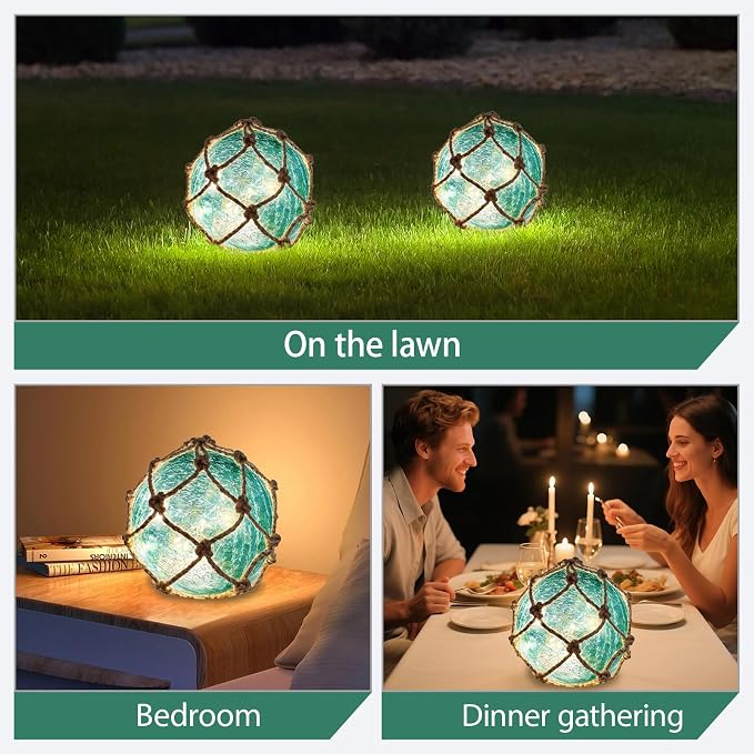 5.91" Green Glass Fishing Float Night Light,Cracked Glass Ball, Battery Powered Nautical Coastal Decor Beach Bathroom Decor (Green)