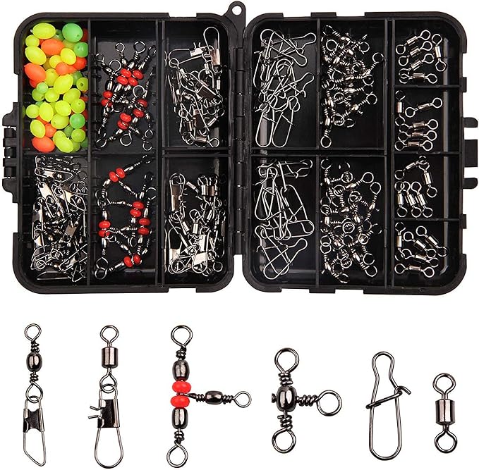 140pcs Fishing Swivels Tackle Kit, Include Ball Bearing Barrel Swivels, 3 Way Swivels, Fishing Swivels with Snaps, High Strength Swivels Fishing Tackle Box for Bass Trout Freshwater Saltwater