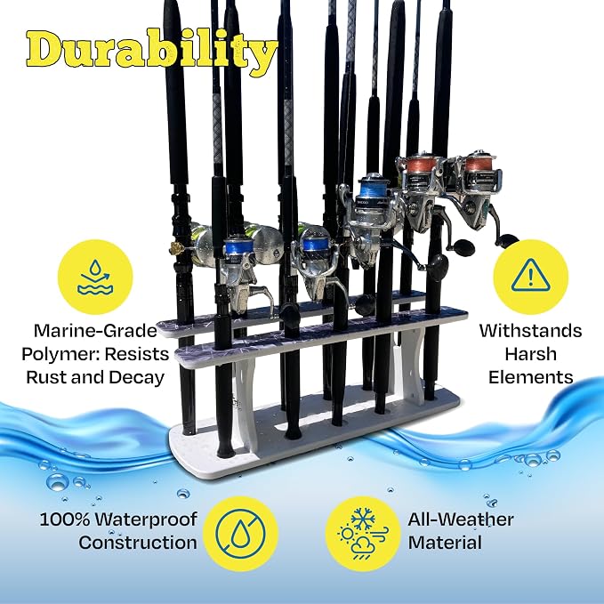 Rush Creek Creations Reel Salty Gray/White/Blue 11-Rod Marine Grade Fishing Rod Holder - Bi-Level Design, UV-Resistant, 100% Waterproof for Garage and Dock