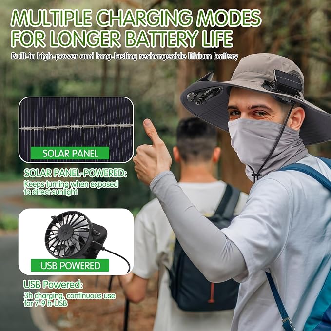 Syhood Solar Powered Fan Hat Neck Gaiter Arm Sleeves Sun Bucket Hat with Fan Cooling Wide Brim Hats for Fishing Hiking
