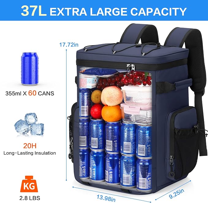 Insulated Backpack Cooler 60 Can for Men & Women,Leak Proof Waterproof Cooler Backpack for Beach Tailgate Camping Travel Fishing 37L