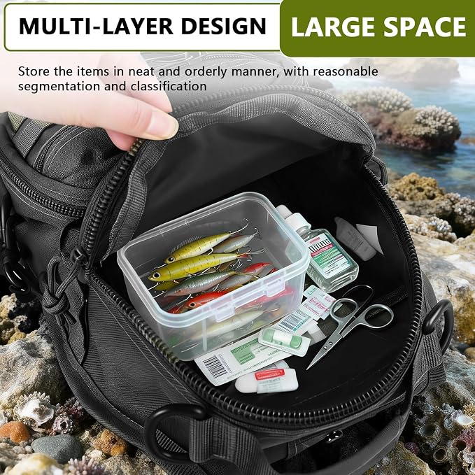 Fishing Backpack Small Fishing Tackle Storage Bag with 3 Methods of Carrying Large Capacity Sling Backpack for Outdoor Hiking Travel Hunting (Black)