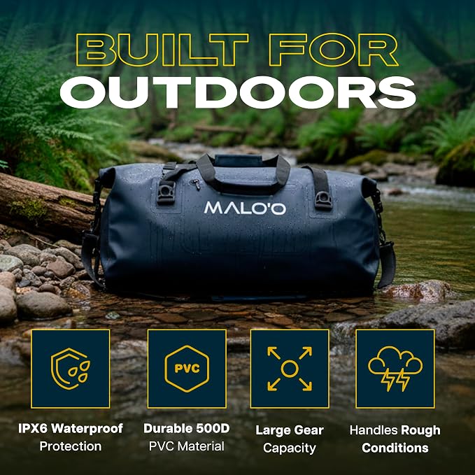 Malo’o Waterproof Dry Duffel, Heavy-Duty Roll Top Waterproof Gear Bag with Shoulder Strap & Molle Loops, Marine Duffel for Kayaking, Boating, Camping, Beach & Travel, Black, 60L