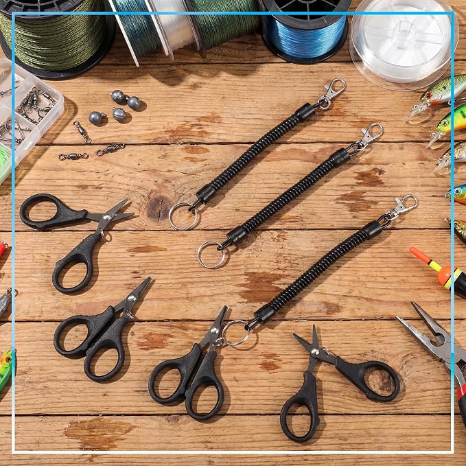 6 Set Fishing Scissors Stainless Steel Fishing Line Cutter Braided Line Cutter Cutters with Titanium Coating Fish with Hook and Retractable Coil Lanyards Fish Accessories (Black)
