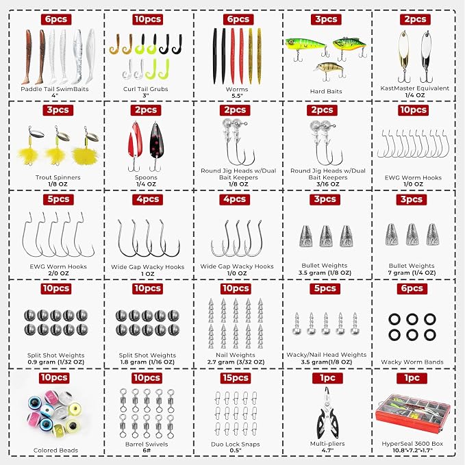 MadBite by KastKing 182/265/400pcs Compact Fishing Tackle Kit - All-in-One Freshwater Hooks, Weights, Bobbers in Tackle Box, Fishing Gear Set for Bass Trout Panfish
