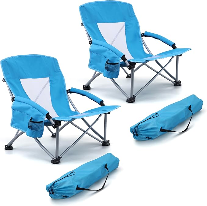 HaSteeL Low Beach Chairs for Adults, Lightweight Camping Folding Chair with Carrying Bag, Portable for Outdoors Lawn Backyard Patio RV Trip Fishing Sport Tailgating, Support 300LBS, Blue, 2 Pack