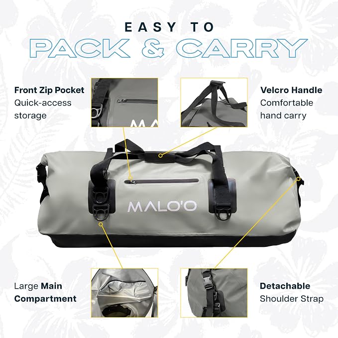Malo’o Waterproof Dry Duffel, Heavy-Duty Roll Top Waterproof Gear Bag with Shoulder Strap & Molle Loops, Marine Duffel for Kayaking, Boating, Camping, Beach & Travel, Grey, 100L