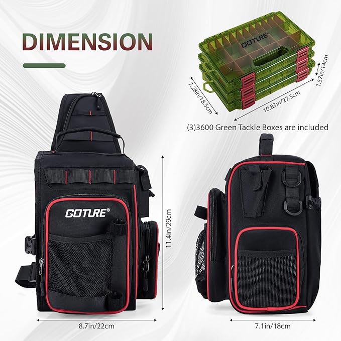 Goture OpenSide Tactical Sling Tackle Bag with 3 Tackle Trays, Lightweight Fishing Backpack Storge Gear - Black Bag Outdoor,Gift for men
