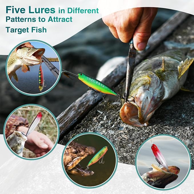 FLISSA 5PCS Top Water Fishing Lures Kits, Bass Fishing Lures for Freshwater & Saltwater, Realistic Hard Bait, Popper Fishing Lure with Treble Hooks for Trout, Bass, Salmon, Walleye Fishing