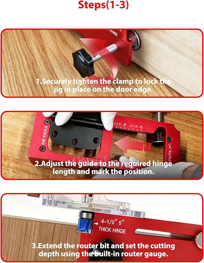 Door Hinge Jig & Lock Hole Drilling Kit – Adjustable Aluminum Router Template for Hinge Mortising (2.5"-5", 1/4"R, 5/8"R, Square Corner) – For 1-3/8" & 1-3/4" Thick Doors