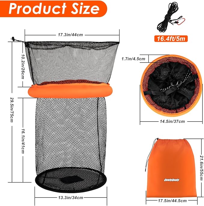 QualyQualy Floating Fish Basket for Live Caught, 10/15 Gallons Foldable Fishing Holder Minnow Bucket Portable Collapsible Fishing Net Storage Cage for Live Fish Bait Live Well