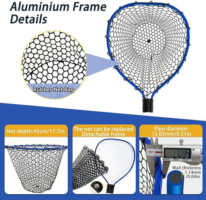 Telescoping Metal Lock Fishing Net Blue Aluminum Alloy Rubber Fish Net - Adjustable Length Lightweight Foldable Large Fishing Net with Handle Collapsible Extendable Fishing Accessories