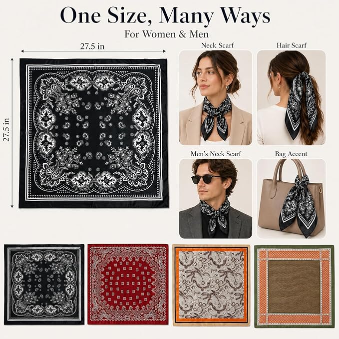 4PCS Neck Scarf Bandanas for Men and Women, Silk Feeling Head Scarfs, Fashion Neckerchief Square Purse Scarf