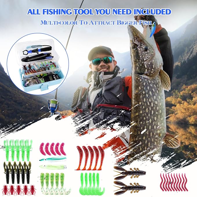 3-Layer Fishing Tackle Box with Tackle Included, Fishing Tools Kit Includes Pliers Fish Lip Gripper Scale Crankbait Spinnerbaits Soft Baits Hooks, Ideal Gift for Angler Saltwater Freshwater (Blue)