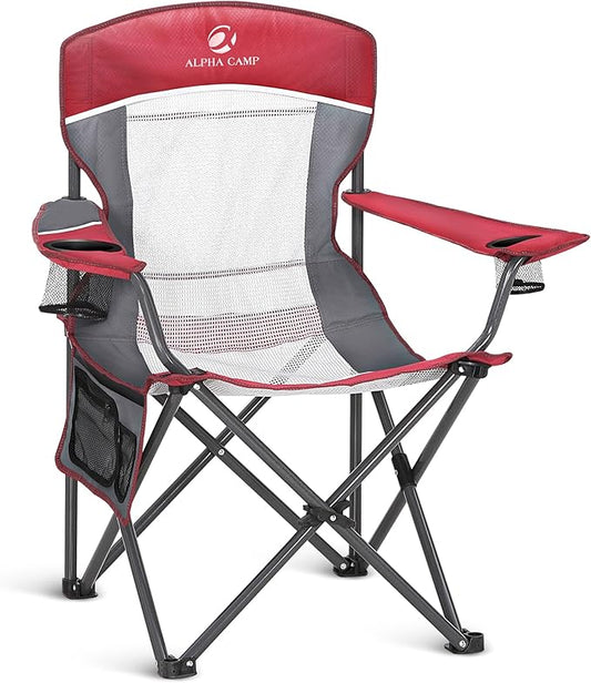 ALPHA CAMP Heavy Duty Camping Chair 500LBS Capacity, Oversized Folding Chair for Heavy People, Padded Portable Outdoor Chair with Cooler Bag & Cup Holder for Camping, Fishing, Beach