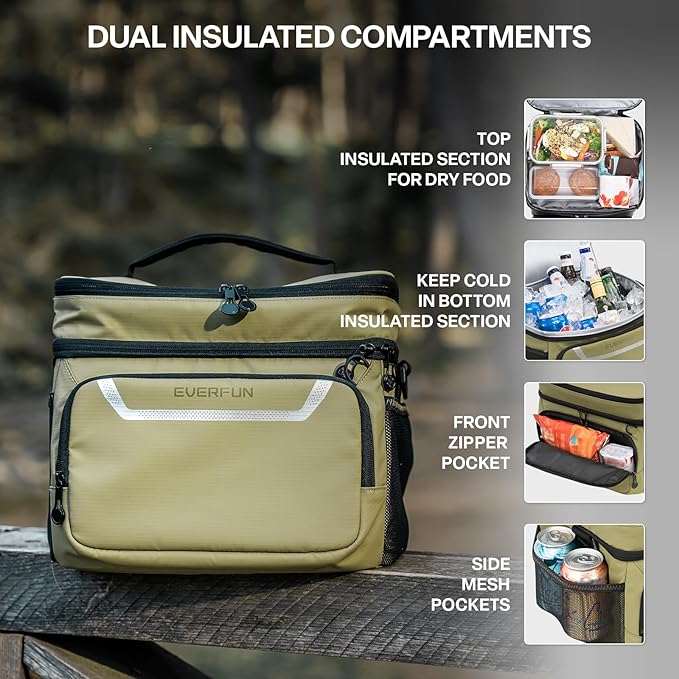 EVERFUN Small Compact Cooler Bag 24/48 Can Insulated Lunch Box Double Deck Soft Leak-Proof Waterproof Collapsible Ice Chest for Men Women Work Travel Car Trip Picnic Beach