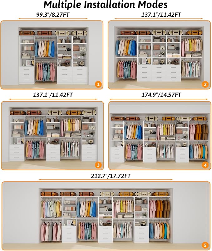 Closet System with 9 Drawers, 8.5FT-18FT Closet Organizer System Storage Storage Adjustable with 9 Cuttable Shelves for Walk in Closet with 9 Expandable Hanging Rods, 3 Sets , White
