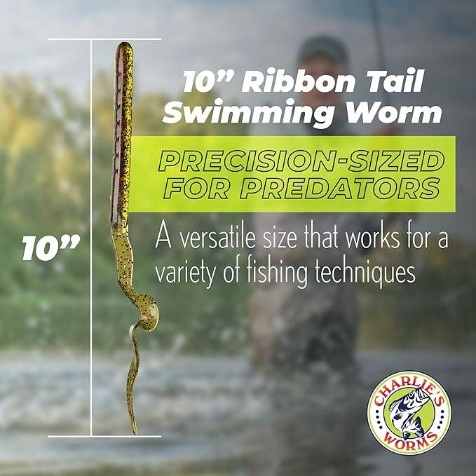 Charlie's Worms 10" Ribbon Tail Soft Plastic Worms for Bass Fishing, Freshwater & Saltwater Lures, Scented Swim Bait, Texas Rigged, Weedless, Large & Smallmouth, White Firetail, 6-Pack
