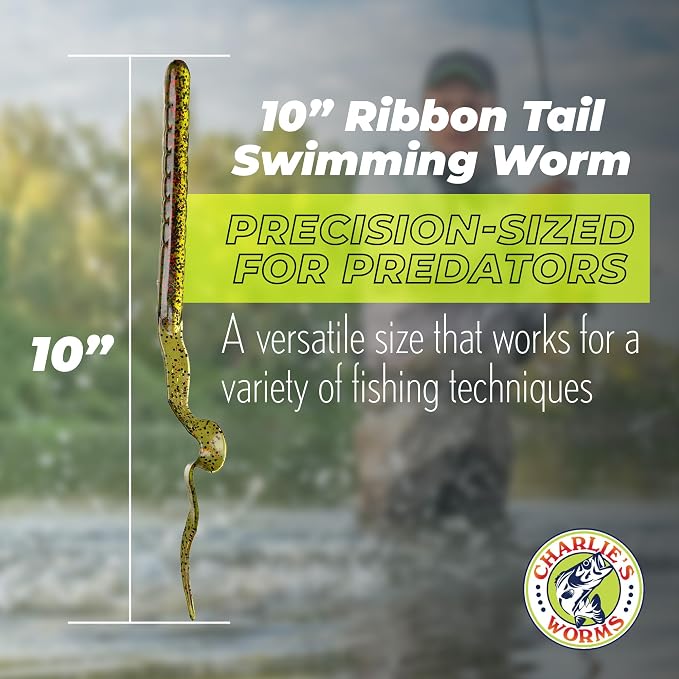 Charlie's Worms 10" Ribbon Tail Soft Plastic Worms for Bass Fishing, Freshwater & Saltwater Lures, Scented Swim Bait, Texas Rigged, Weedless, Large & Smallmouth, White Firetail, 6-Pack