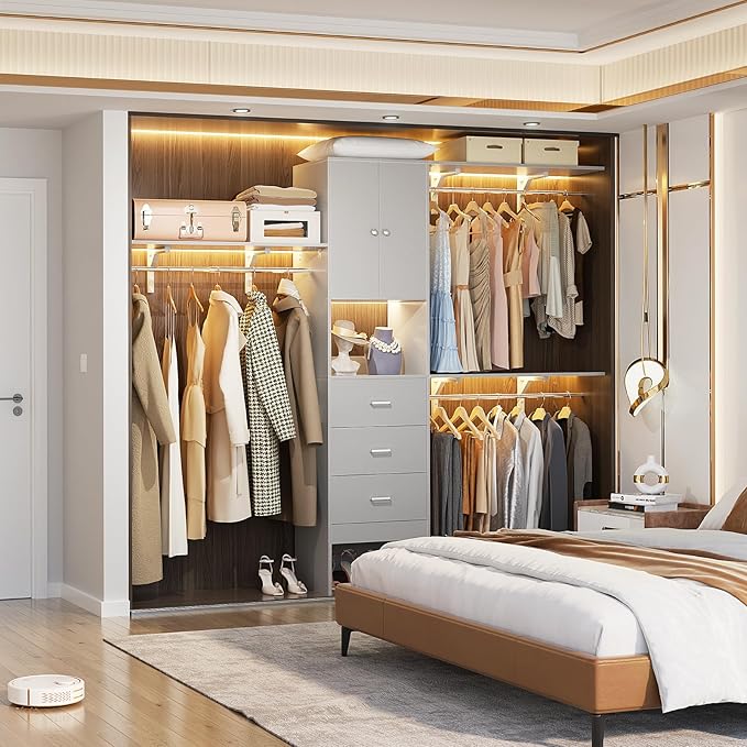 Armocity 96 Inches Closet System with Doors, 8FT Walk In Closet Organizer with 3 Shelving Towers, Heavy Duty Clothes Garment Rack with 3 Wood Drawers, 96" L x 16" W x 80" H, Max Load 1000 LBS, Grey