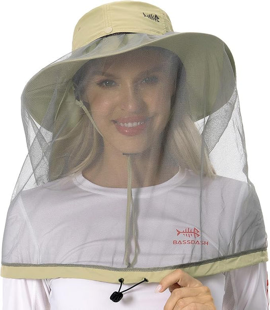 BASSDASH UPF 50+ Mosquito Sun Hat with Hidden Head Net and Neck Flap for Men Women Outdoor Fishing Hiking Camping