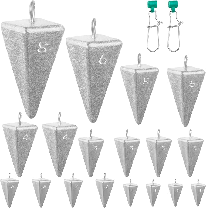 Pyramid Sinkers Fishing Weights Assortment Kit, 18 Lead Pyramid Sinkers 1oz 2oz 3oz 4oz 5oz 6oz 8oz with 2 Sinker Slides, Surf Fishing Weights for Saltwater Bottom Fishing Rigs