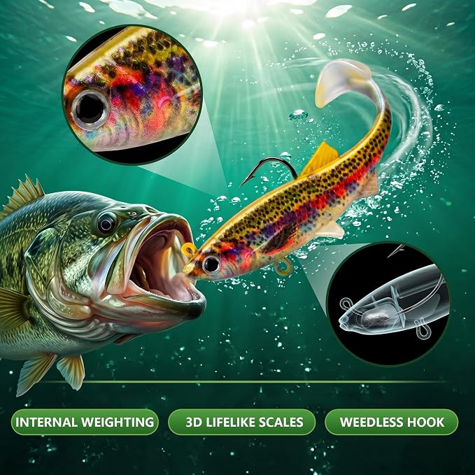 Soft Fishing Lures for Bass Fishing:Pre-Gigged Swim Baits for Saltwater or Freshwater.Soft Plastic Fishing Accessories.